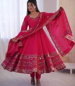 Rani pink  Roman Silk Embroidered Sequence Anarkali Set with Dupatta