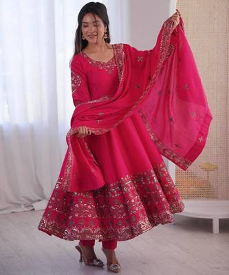 Rani pink  Roman Silk Embroidered Sequence Anarkali Set with Dupatta 2