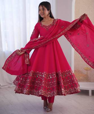 Rani pink  Roman Silk Embroidered Sequence Anarkali Set with Dupatta 3