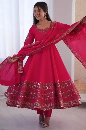 Rani pink  Roman Silk Embroidered Sequence Anarkali Set with Dupatta