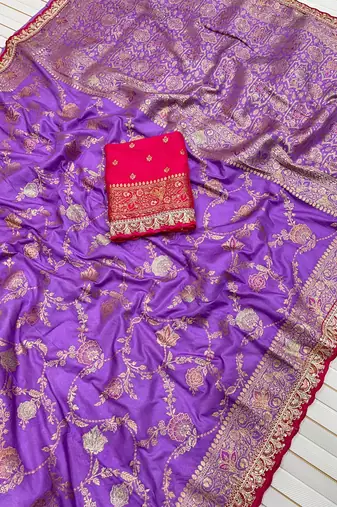 purple color embroidery work dola silk saree