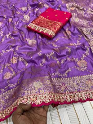 purple color embroidery work dola silk saree 3
