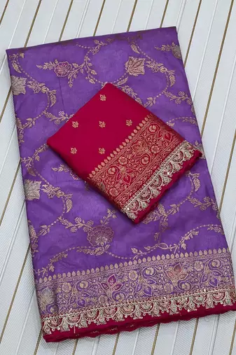 Purple Color Embroidery cording sequin and thread work  Dolla silk blend Saree 