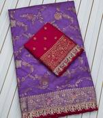 Purple Color Embroidery cording sequin and thread work  Dolla silk blend Saree 