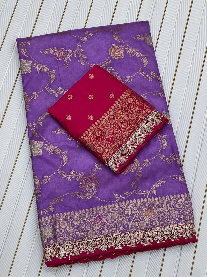 Purple Color Embroidery cording sequin and thread work  Dolla silk blend Saree 