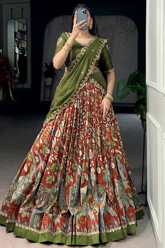 Dazzling Rust Orange Kalamkari Printed Silk Half Saree Lehenga