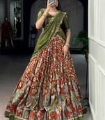 Dazzling Rust Orange Kalamkari Printed Silk Half Saree Lehenga