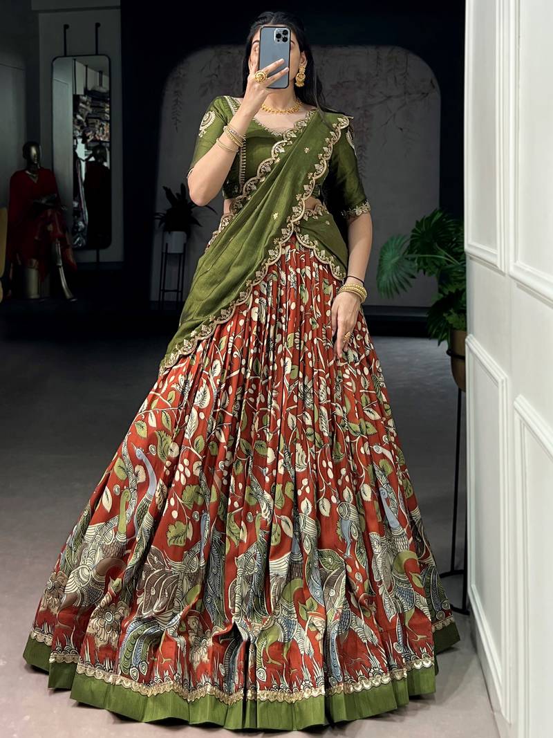 Dazzling Rust Orange Kalamkari Printed Silk Half Saree Lehenga