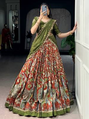 green silk kalamkari half saree lehenga set with green border 2