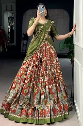 green silk kalamkari half saree lehenga set with green border