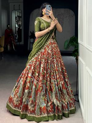 green silk kalamkari half saree lehenga set with green border 3