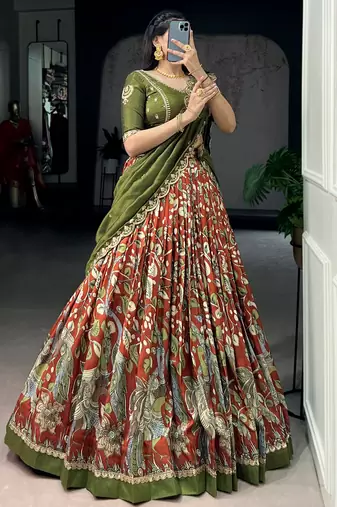 green silk kalamkari half saree lehenga set with green border