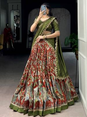green silk kalamkari half saree lehenga set with green border 4
