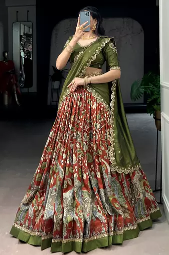 green silk kalamkari half saree lehenga set with green border