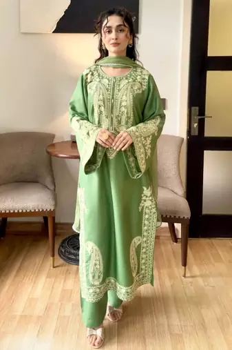 Green silkblend embroidered palazzo set