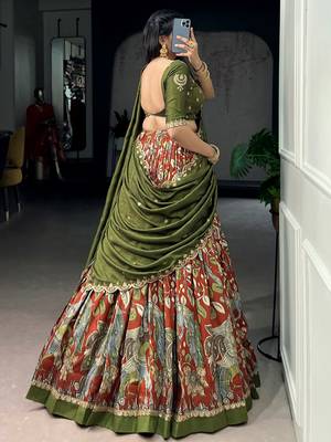 green silk kalamkari half saree lehenga set with green border 5