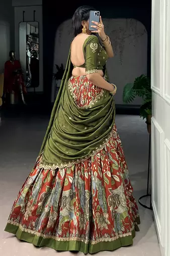 green silk kalamkari half saree lehenga set with green border