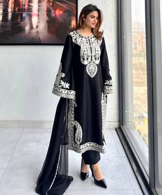 black silk blend palazzo set with white embroidery
 2