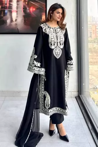 black silk blend palazzo set with white embroidery