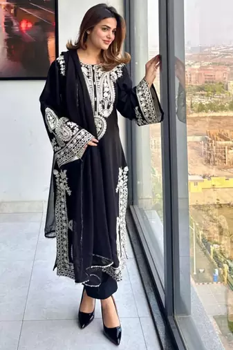 black silk blend palazzo set with white embroidery