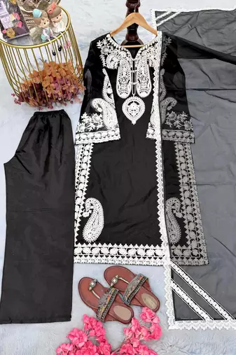 black silk blend palazzo set with white embroidery