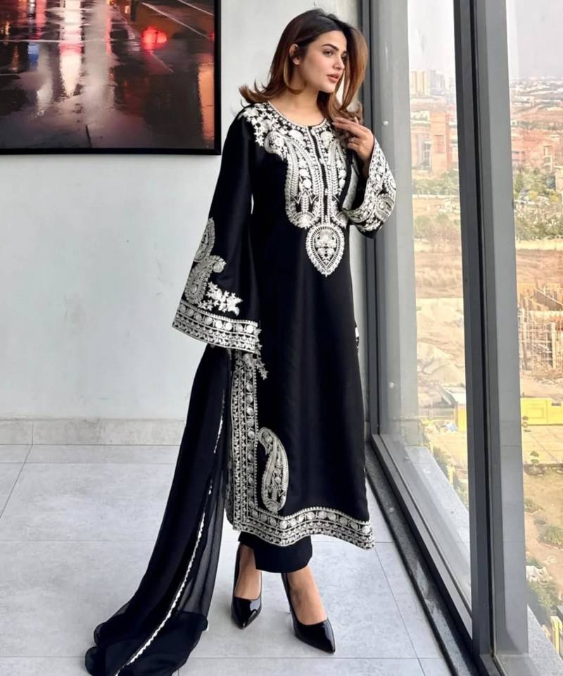 black silk blend embroidered palazzo set