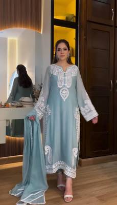 sky blue silk blend palazzo set with thread work 2
