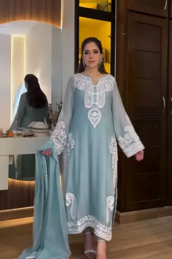 sky blue silk blend palazzo set with thread work
