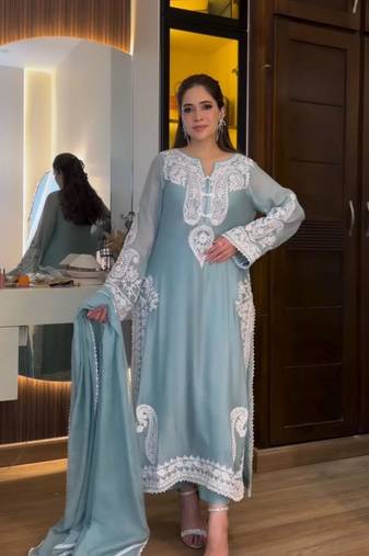sky blue silk blend embroidered palazzo set