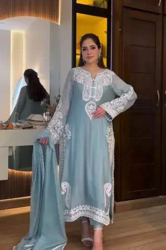 sky blue silk blend embroidered palazzo set