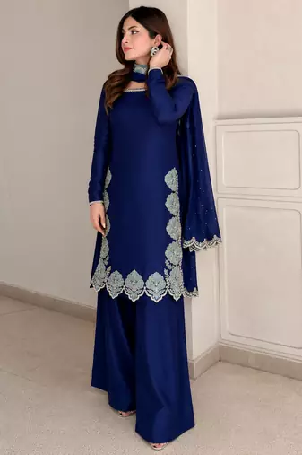 blue silk blend farshi salwar set with thread work