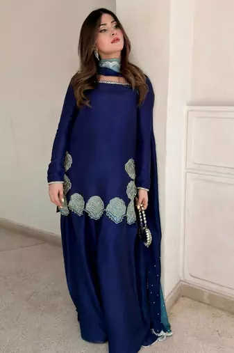 blue silk blend farshi salwar set with thread work