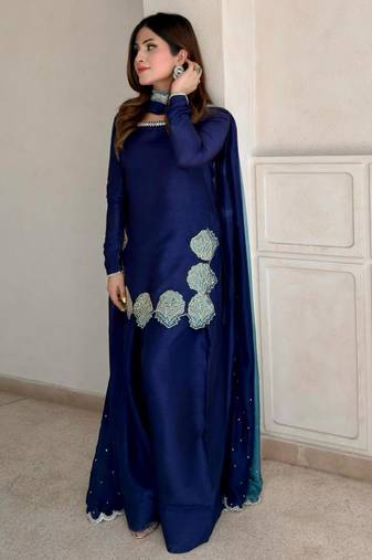 blue silk blend embroidered farshi salwar