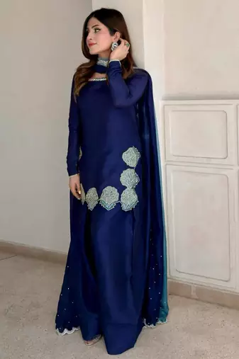 blue silk blend embroidered farshi salwar