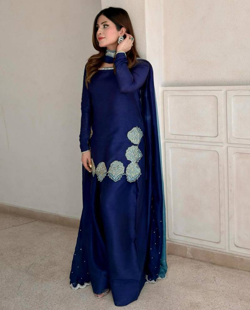 blue silk blend embroidered farshi salwar