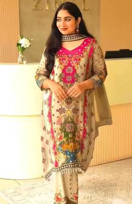 cream silk blend farshi salwar set with thread work
 2