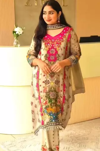 cream silk blend farshi salwar set with thread work