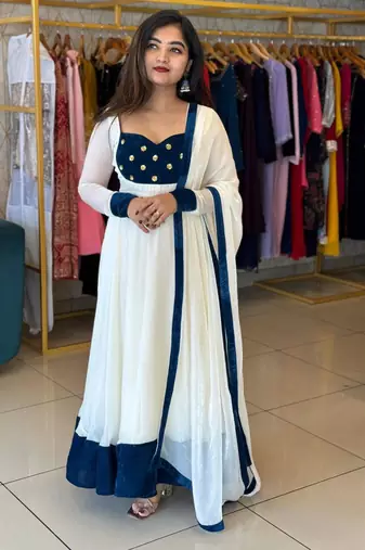 white silk blend gown set with sequins embroidery