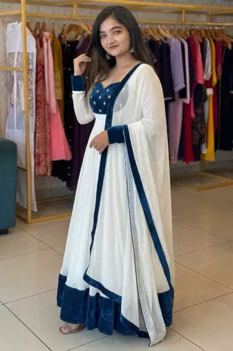 white silk blend gown set with sequins embroidery