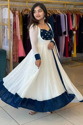 white silk blend embroidered gown set