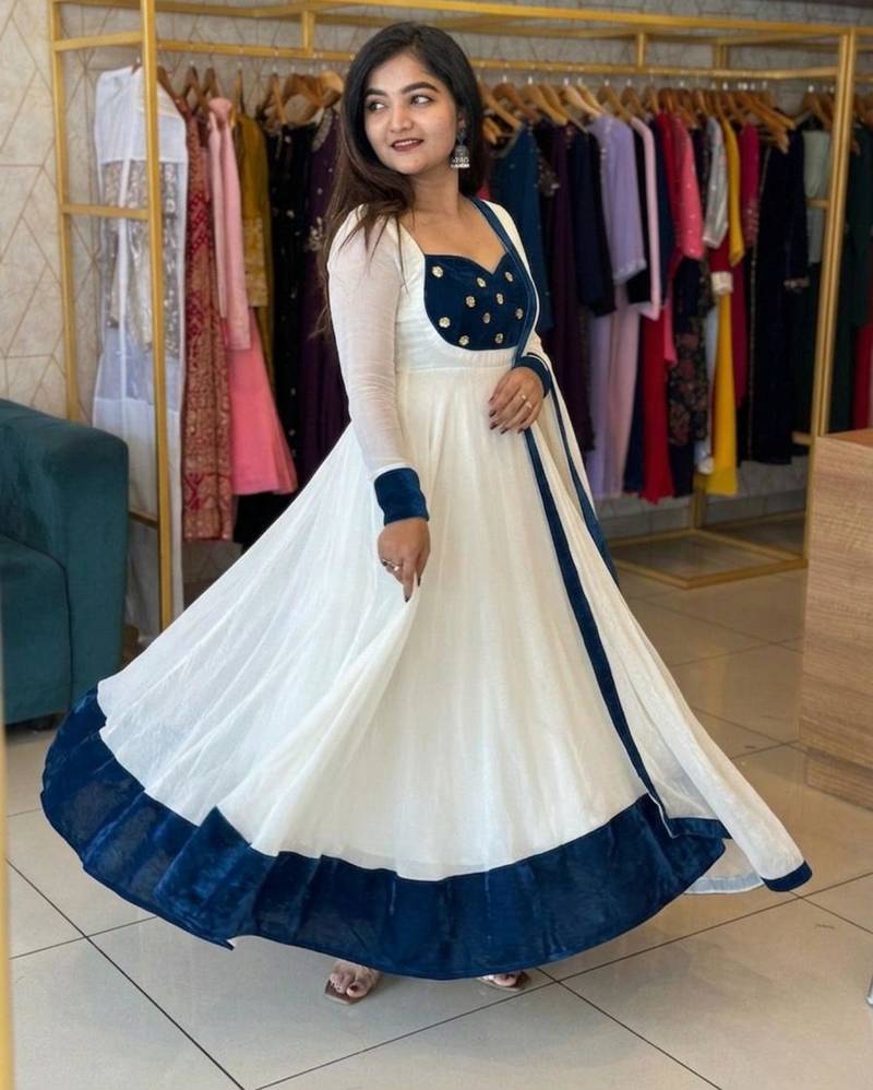 white silk blend embroidered gown set