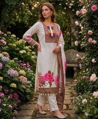cream cotton silk kurta set with floral print
 2