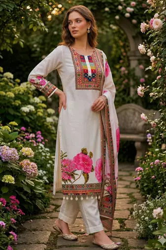 cream cotton silk kurta set with floral print