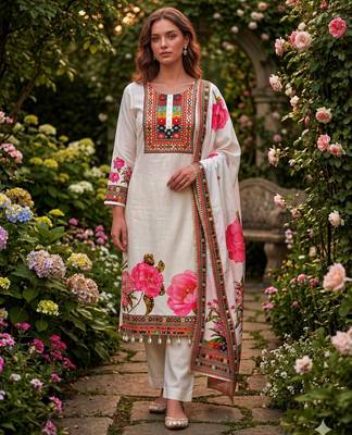 cream cotton silk kurta set with floral print
 1