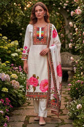 cream cotton silk printed kurta set