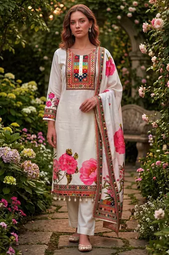 cream cotton silk printed kurta set