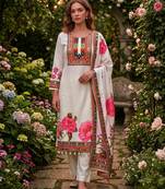 cream cotton silk printed kurta set