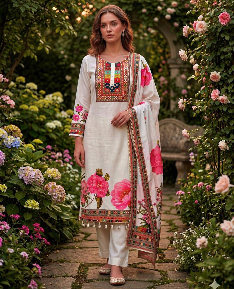 cream cotton silk printed kurta set