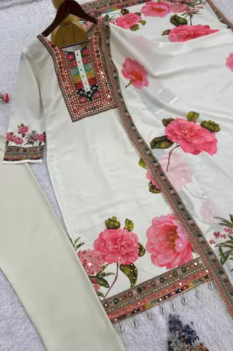 cream cotton silk kurta set with floral print