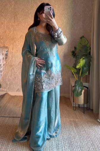 sky blue silk blend embroidered palazzo set